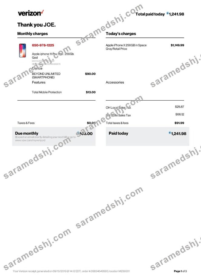 Verizon company payment receipt